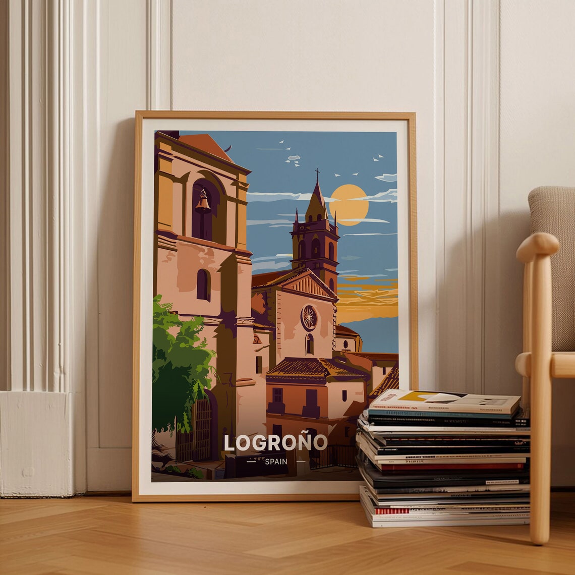 Logrono Spain Church Bell Tower Rose Sunset Vintage Travel Poster