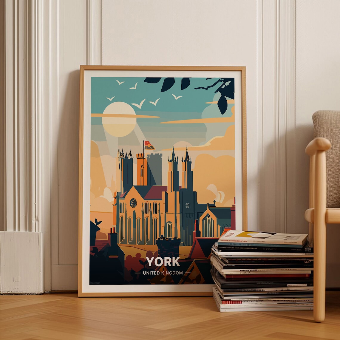 York United Kingdom Minster Vintage Travel Poster Sunset Skyline Art