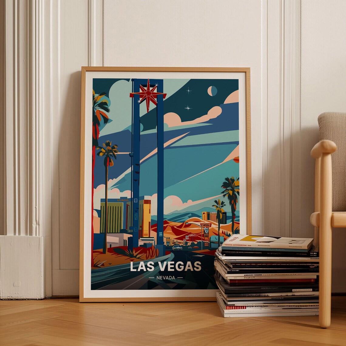 Las Vegas Nevada Travel Poster Neon Star Sign Casinos Palm Trees Art