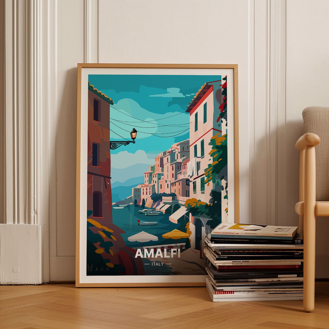 Amalfi Italy Coastal Town Harbor Boats Retro Vintage Travel Poster