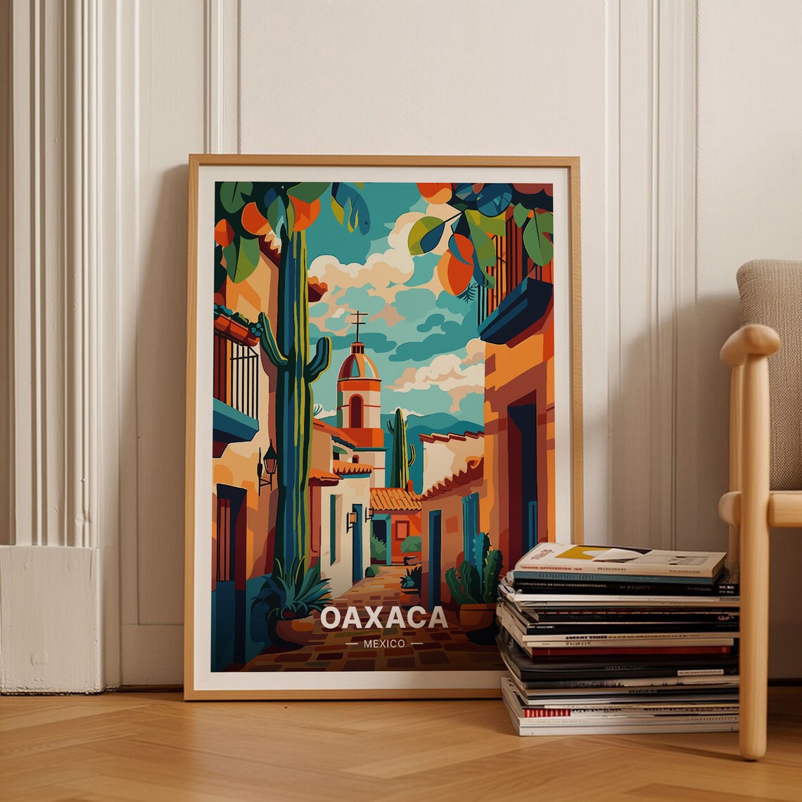 Oaxaca Mexico Poster Colorful Street Cacti Church Tower Festive Art
