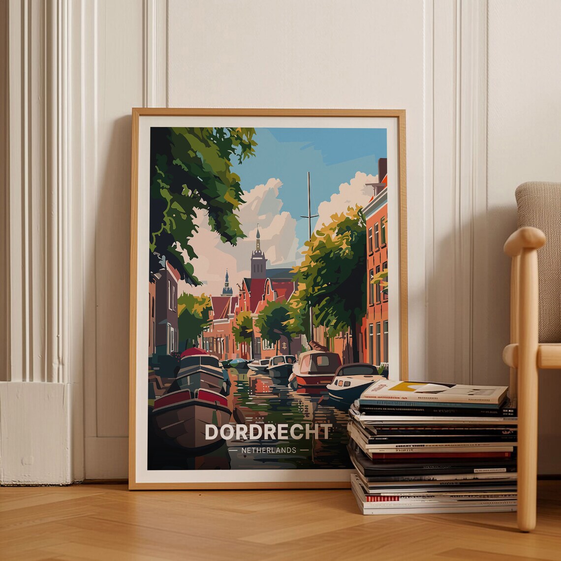 Dordrecht Netherlands Canal Boats Church Cityscape Vintage Travel Poster