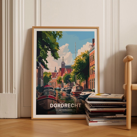 Dordrecht Netherlands Canal Boats Church Cityscape Vintage Travel Poster