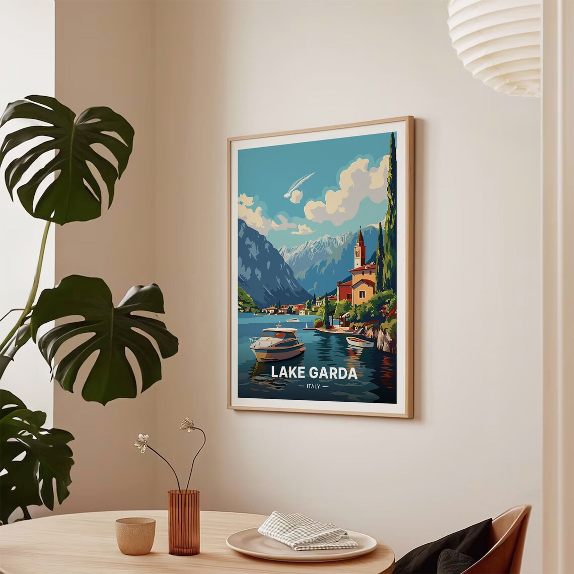 Lake Garda Italy Travel Poster Motorboat Lakeside Church Mountains Art - Image 2