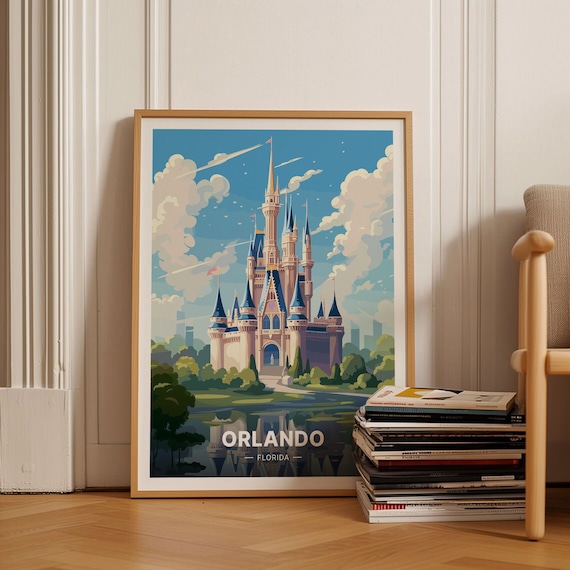 Orlando Florida Fairytale Castle Lake Whimsical Travel Art Poster