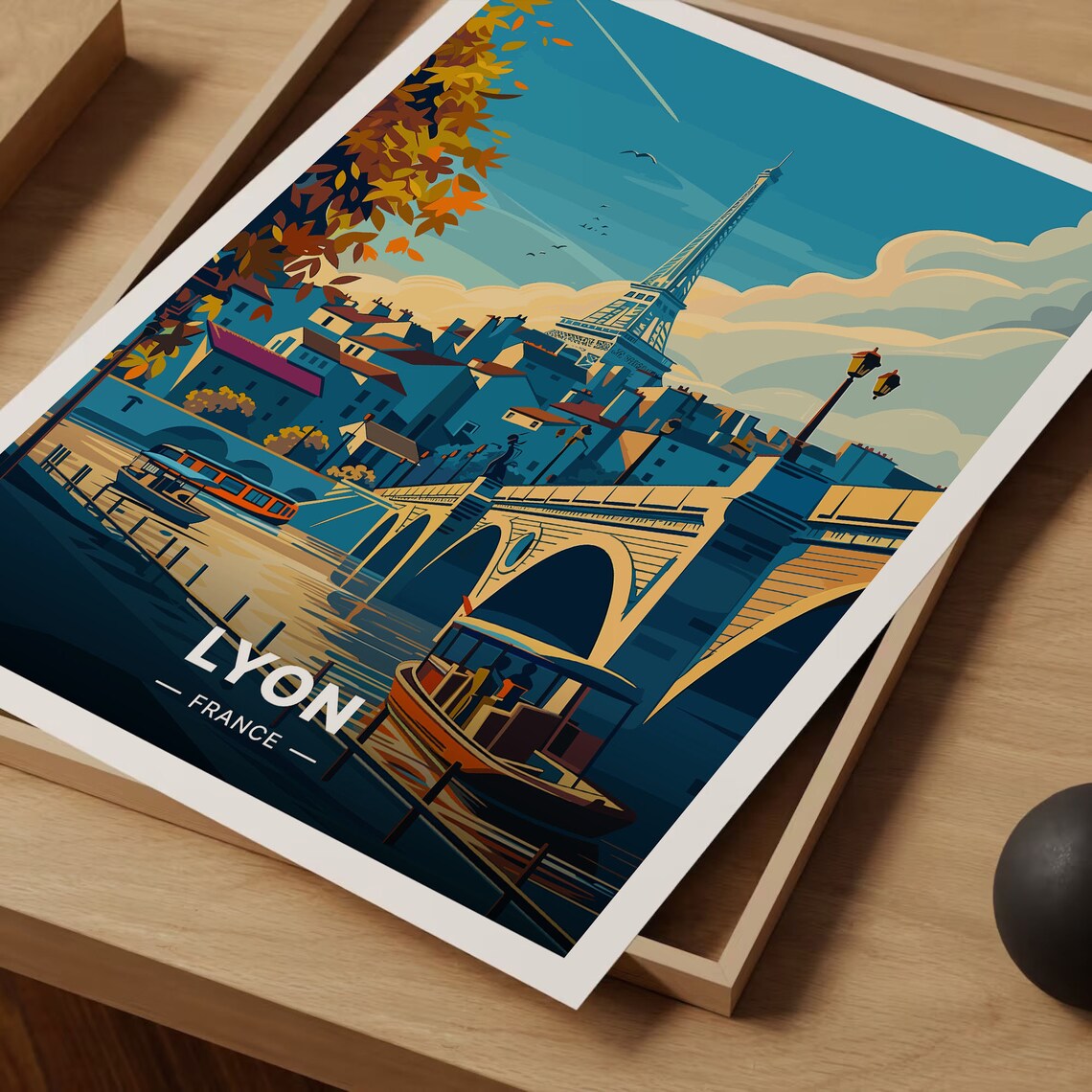 Lyon France River Bridge Boats Iron Tower Autumn Vintage Travel Poster - Image 3