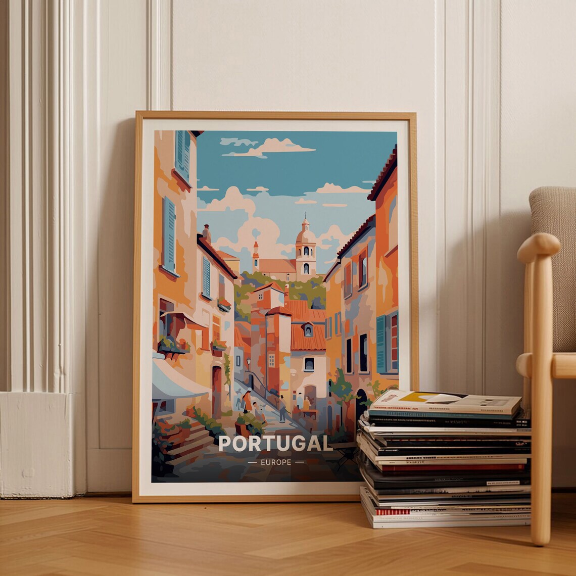 Portugal Old Town Street Pastel Facades Vintage Travel Poster