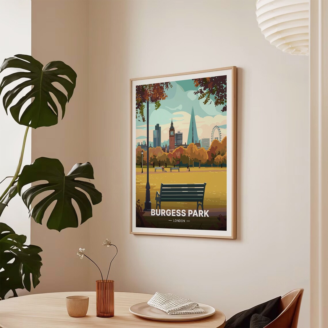 Burgess Park London Autumn Skyline Benches View Travel Poster - Image 2