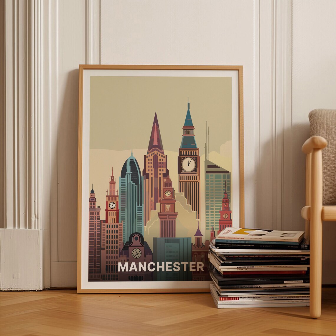 Manchester England Vintage Travel Poster Stylized Skyline Clock Tower Art