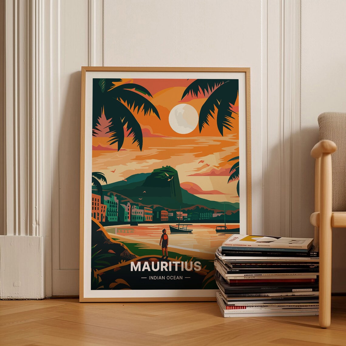 Mauritius Indian Ocean Vintage Travel Poster Sunset Beach Palm Art