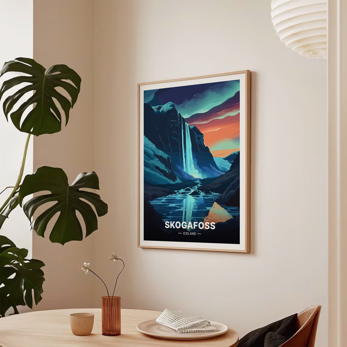 Skogafoss Iceland Waterfall Aurora Night Sky Vintage Travel Poster - Image 2