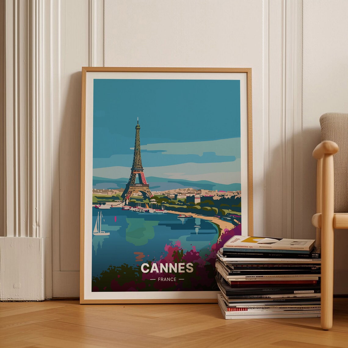 Cannes France Eiffel Tower Harbor Sunset Riviera Travel Poster