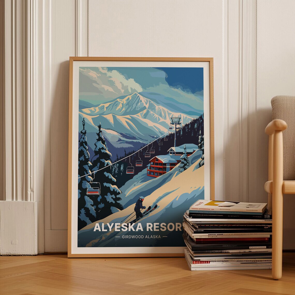 Alyeska Ski Resort Travel Poster, Girdwood Alaska Retro Art