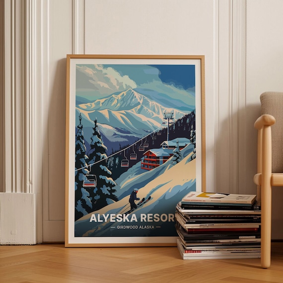 Alyeska Ski Resort Travel Poster, Girdwood Alaska Retro Art
