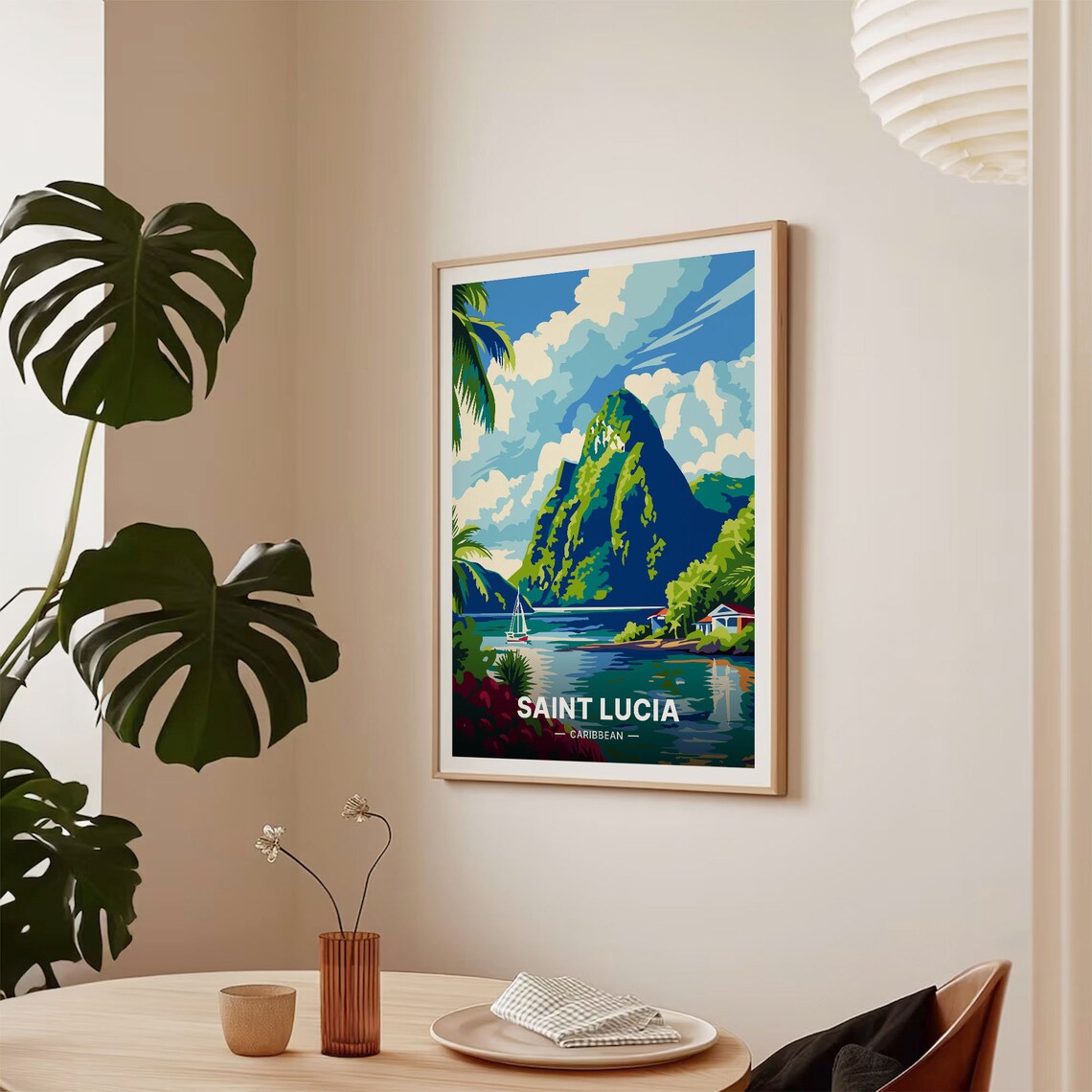 Saint Lucia Caribbean Vintage Travel Poster Twin Peaks Sailboat Art - Image 2