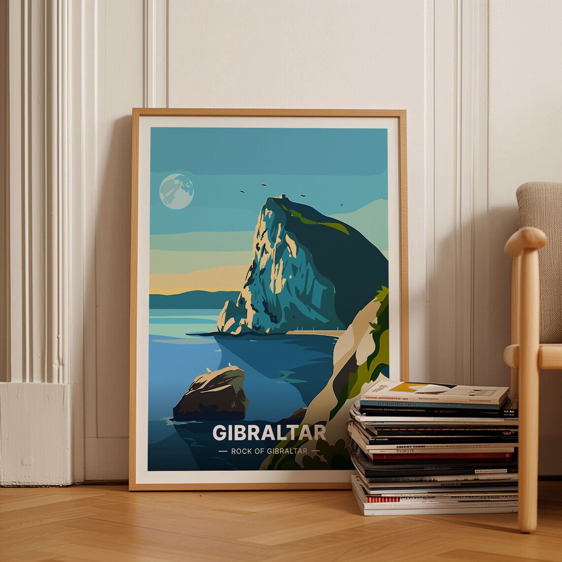 Gibraltar Rock Of Gibraltar Moonlit Strait Vintage Travel Poster