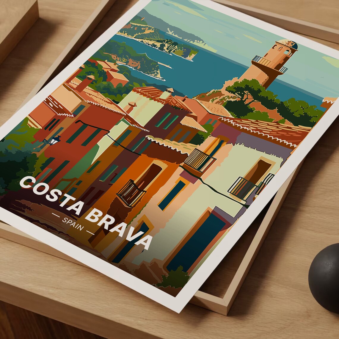 Costa Brava Spain Coastal Village Tower Blue Sea Vintage Travel Poster - Image 3