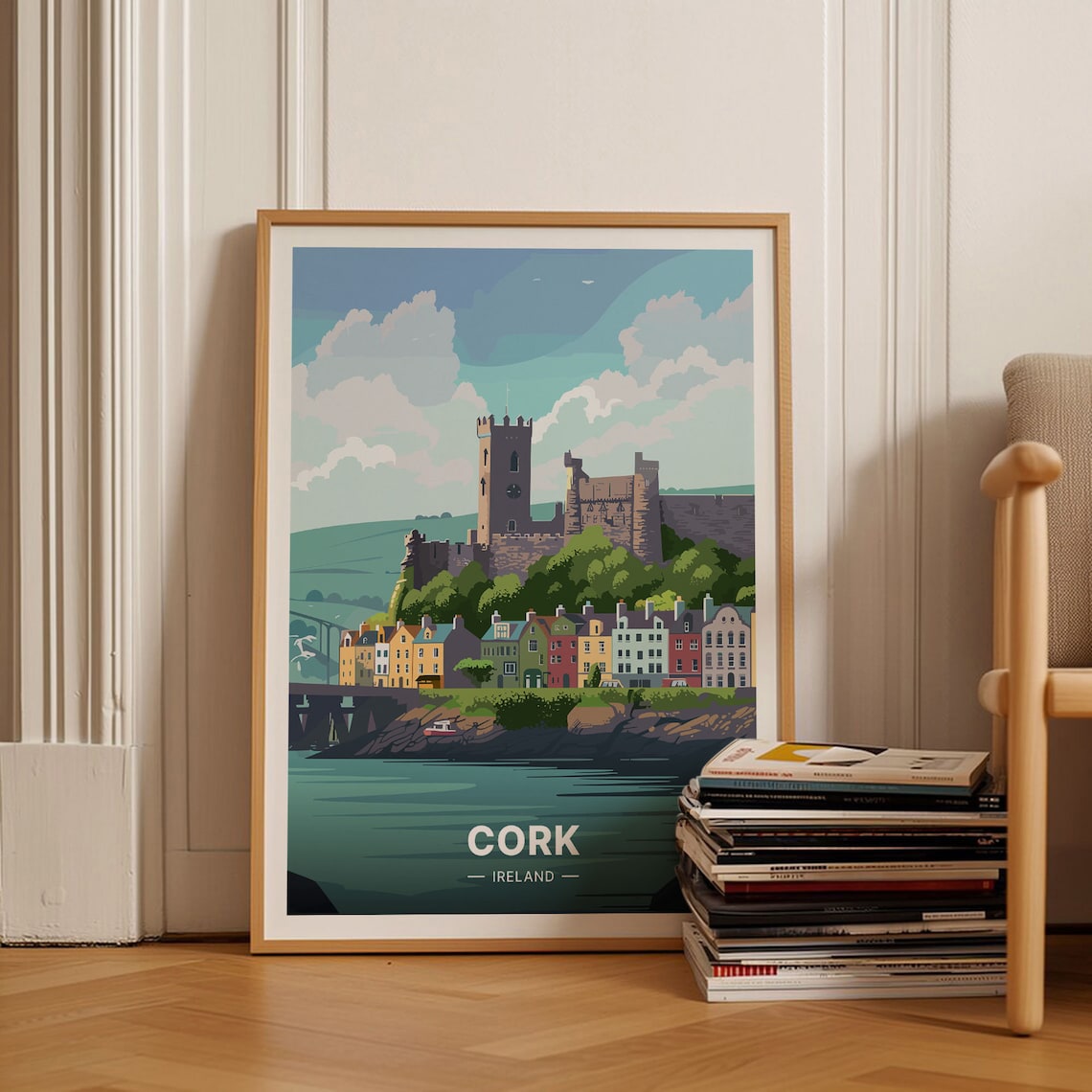 Cork Ireland Travel Poster, River and Cobh Day View