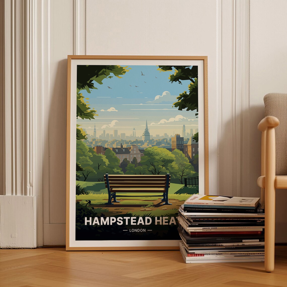 Hampstead Heath London Park Bench City Skyline View Travel Poster