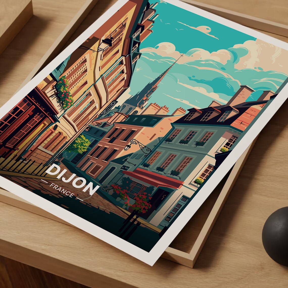 Dijon France Historic Street Cobblestone Church Spire Vintage Travel Poster - Image 3