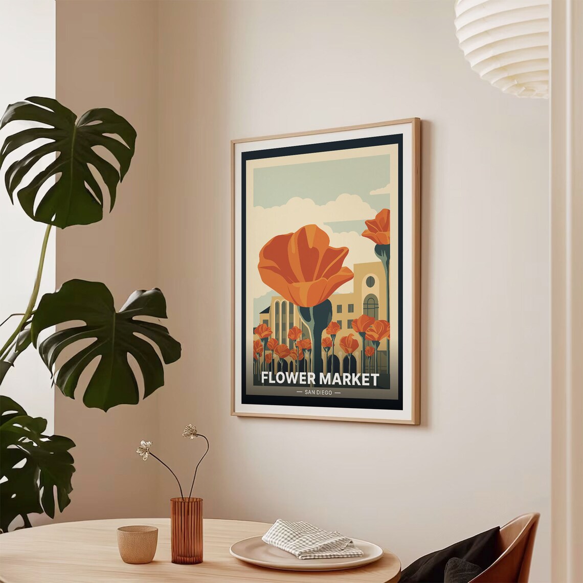 San Diego Flower Market Orange Poppies Building Travel Poster - Image 2
