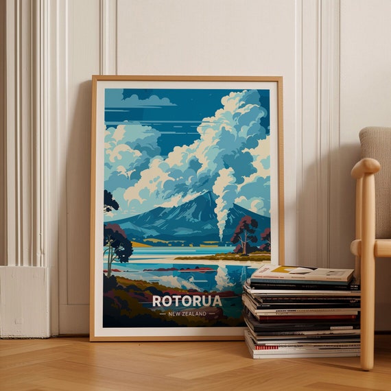 Rotorua New Zealand Travel Poster, Home Office Art Print