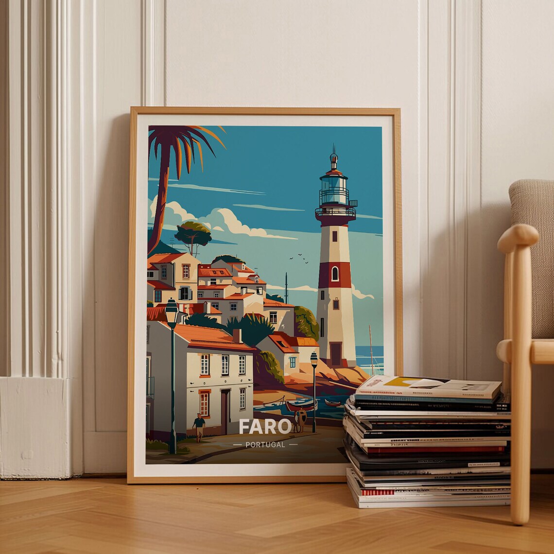 Faro Portugal Lighthouse Harbor Town Vintage Algarve Travel Poster