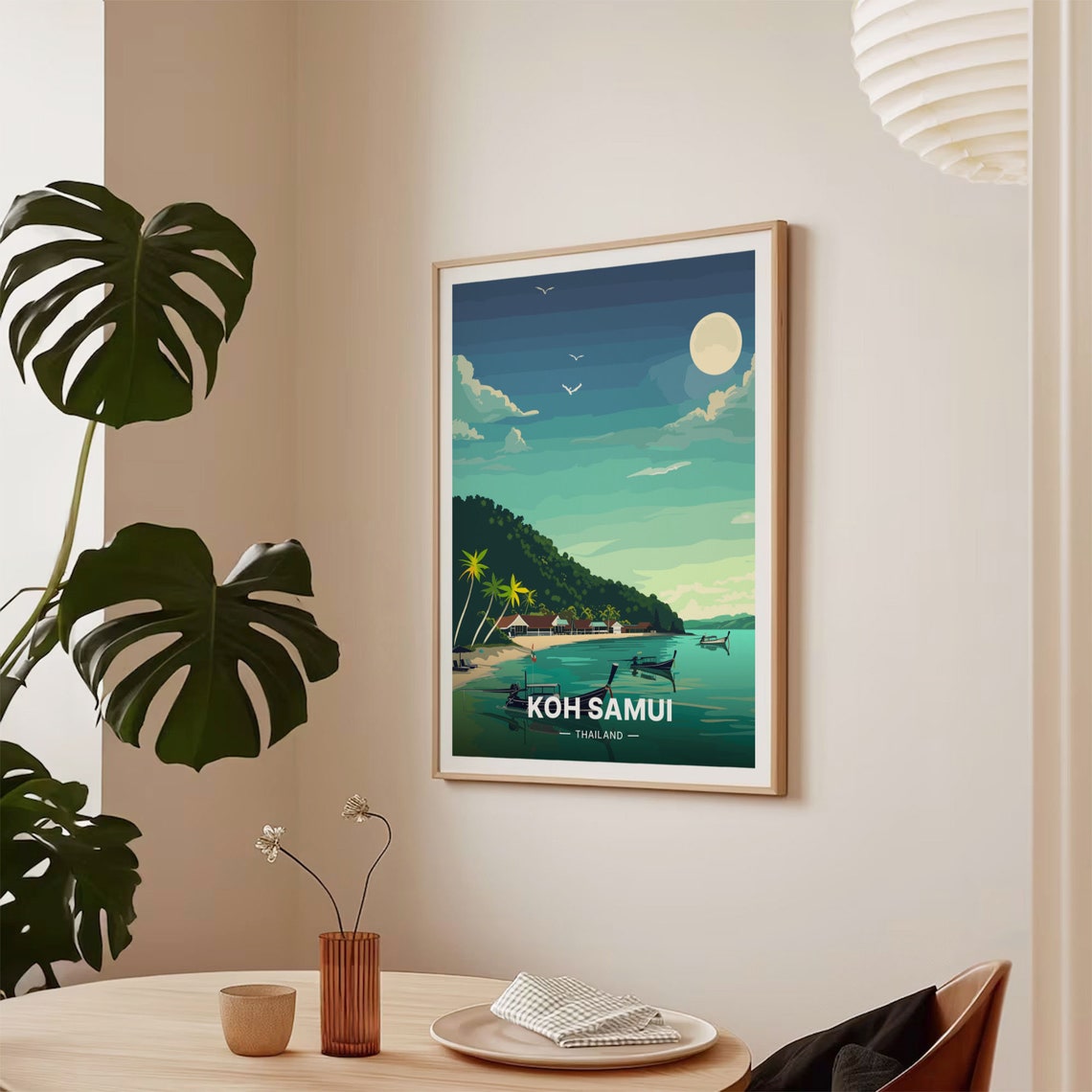 Koh Samui Thailand Longtail Boats Moonlit Bay Palm Beach Poster - Image 2