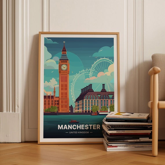 Manchester Skyline Travel Poster, Urban Cityscape