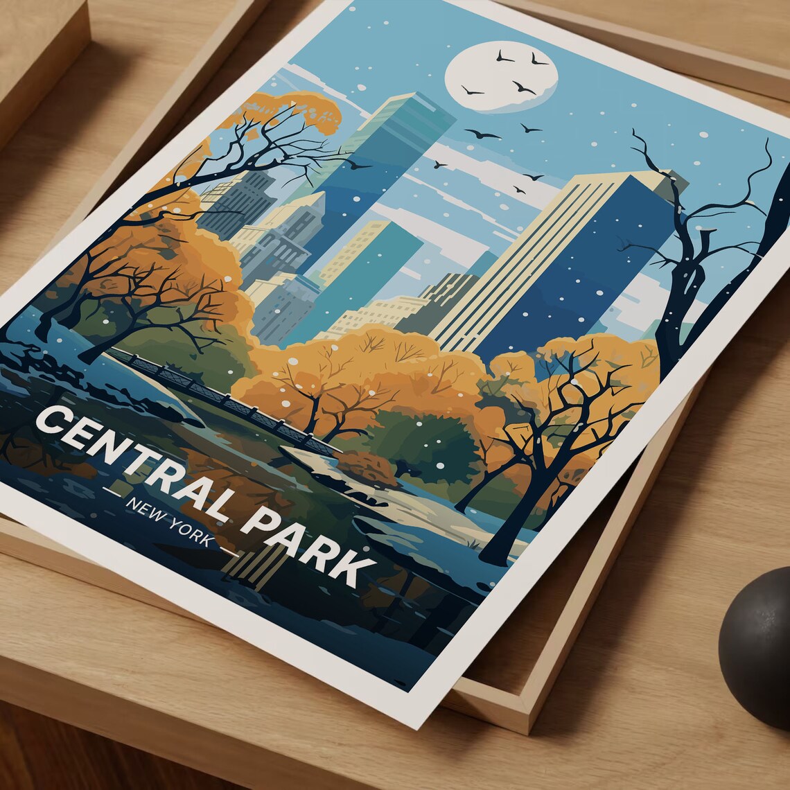 Central Park New York Travel Poster Winter Snow Skyline Scene Art - Image 3