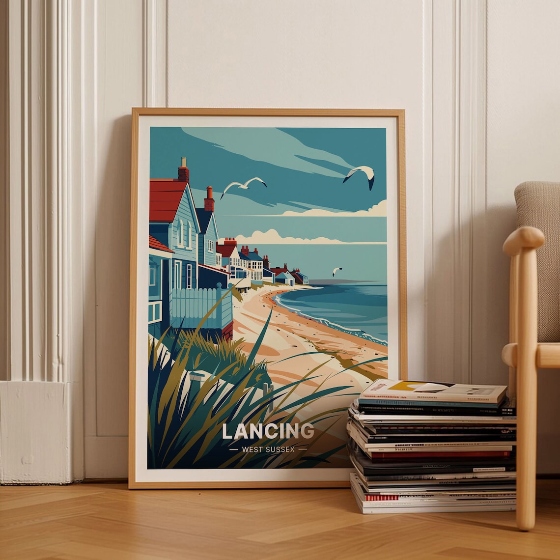West Sussex Lancing Beach Retro Travel Poster