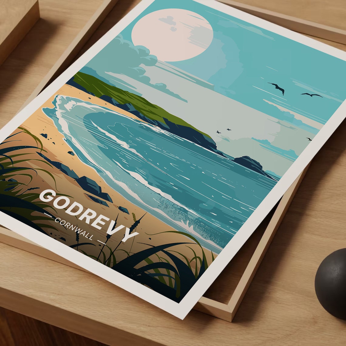 Godrevy Cornwall Moonlit Sandy Beach Waves Retro Travel Poster - Image 3