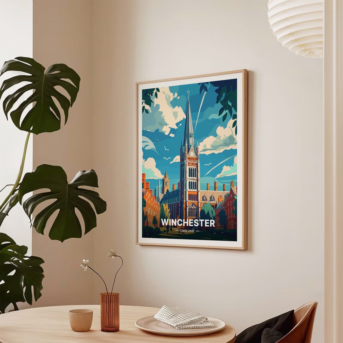 Winchester England Travel Poster Cathedral Tower Historic City Art - Image 2