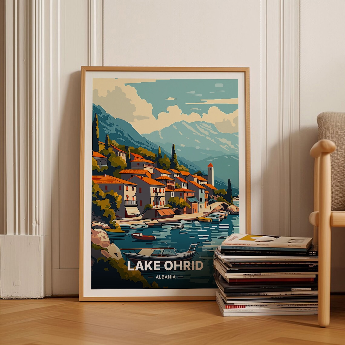 Lake Ohrid Albania Lakeside Village Red Roofs Mountains Travel Poster