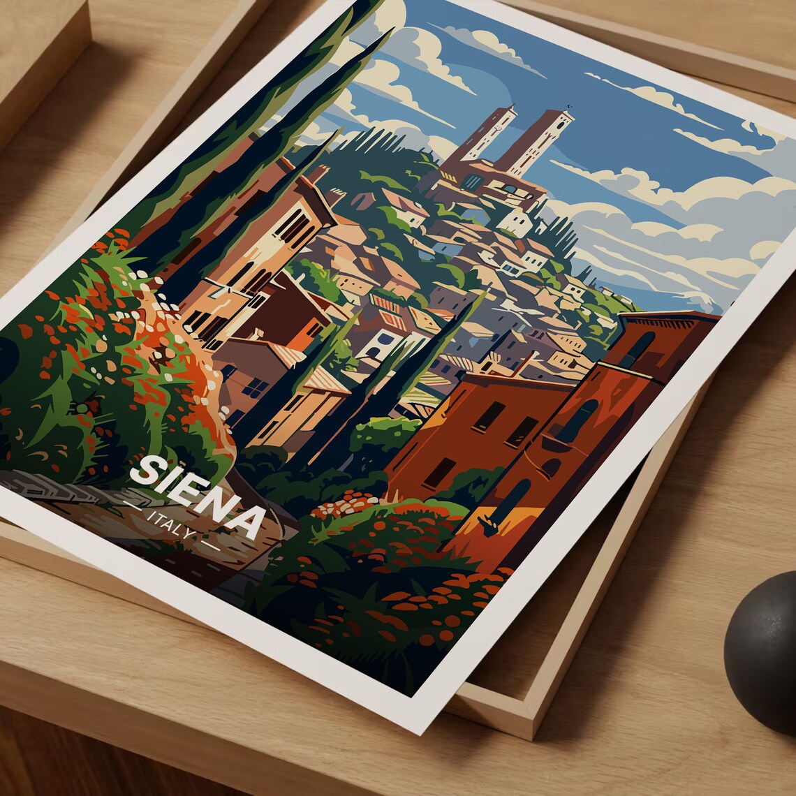 Siena Italy Medieval Hill Town Twin Towers Cypress Trees Travel Poster - Image 3