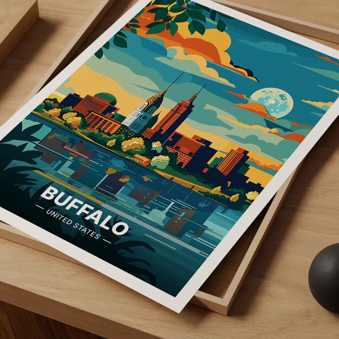 Buffalo United States Moonlit Skyline Waterfront Travel Poster - Image 3
