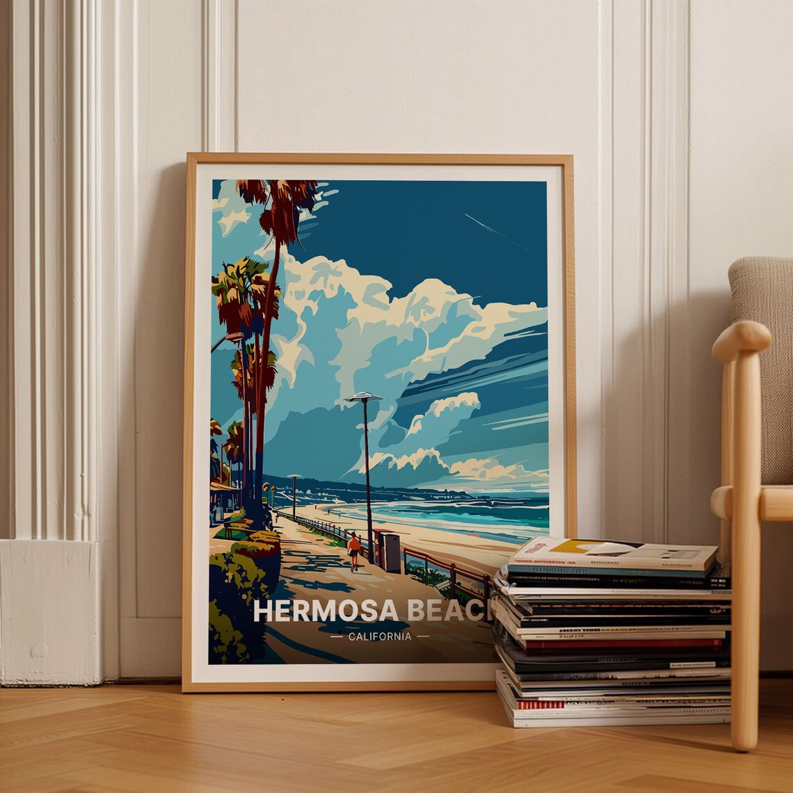 Hermosa Beach California Palm Boardwalk Coastal Ocean Vintage Poster