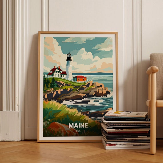 Maine Coastal Scenery Travel Poster, State Landmarks Decor