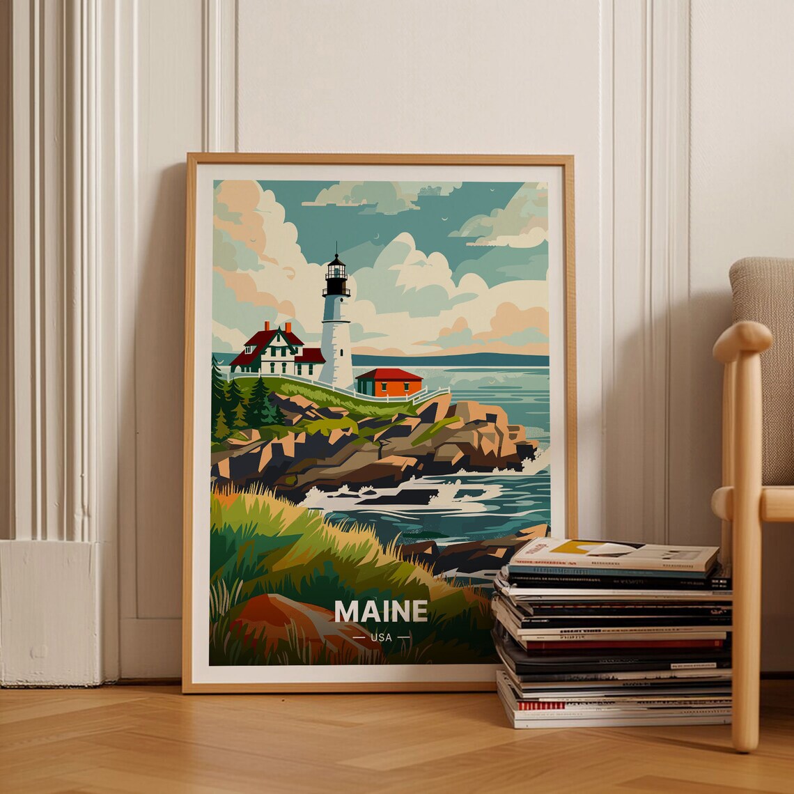Maine Coastal Scenery Travel Poster, State Landmarks Decor