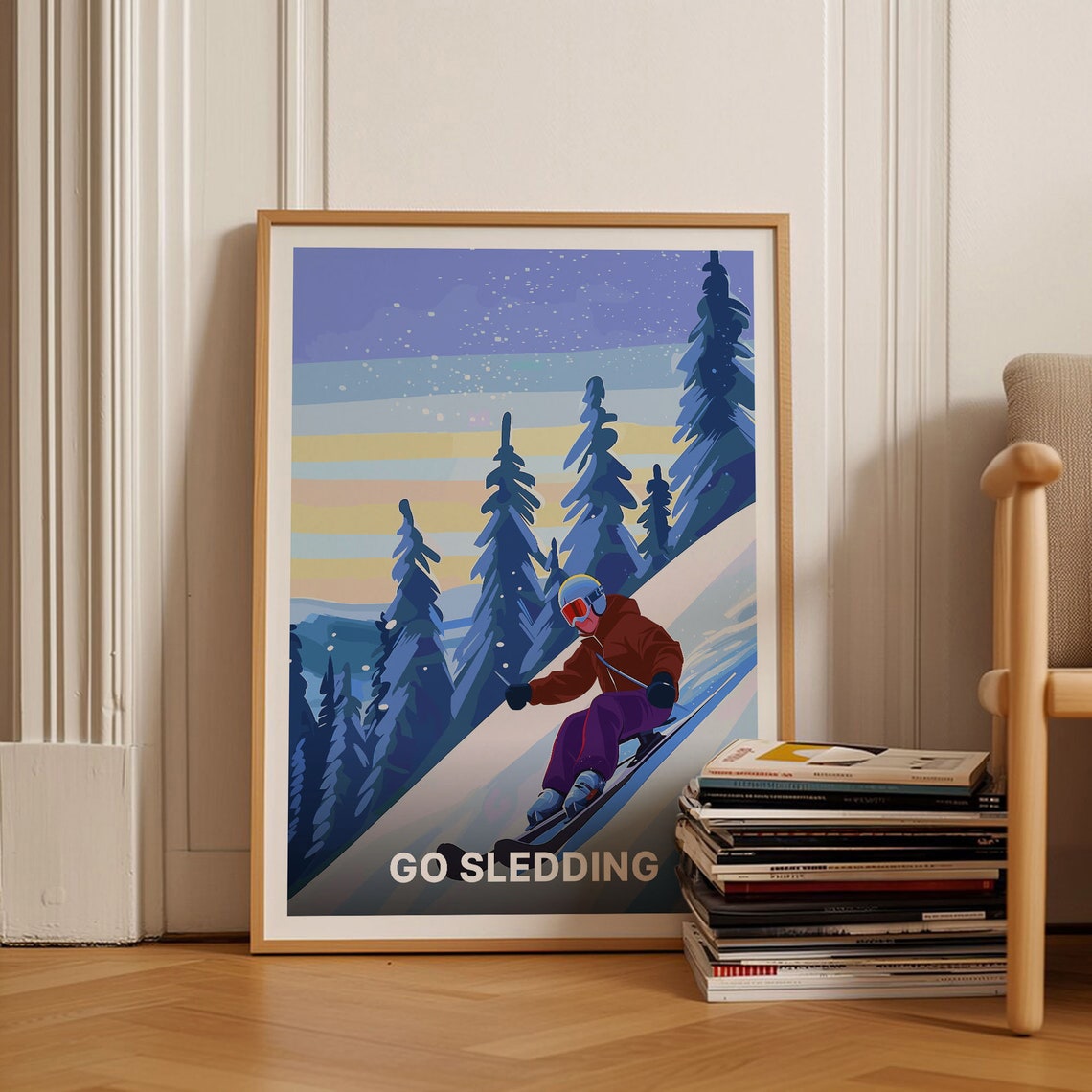 Go Sledding Retro Ski Slopes Sunset Alpine Winter Sports Poster