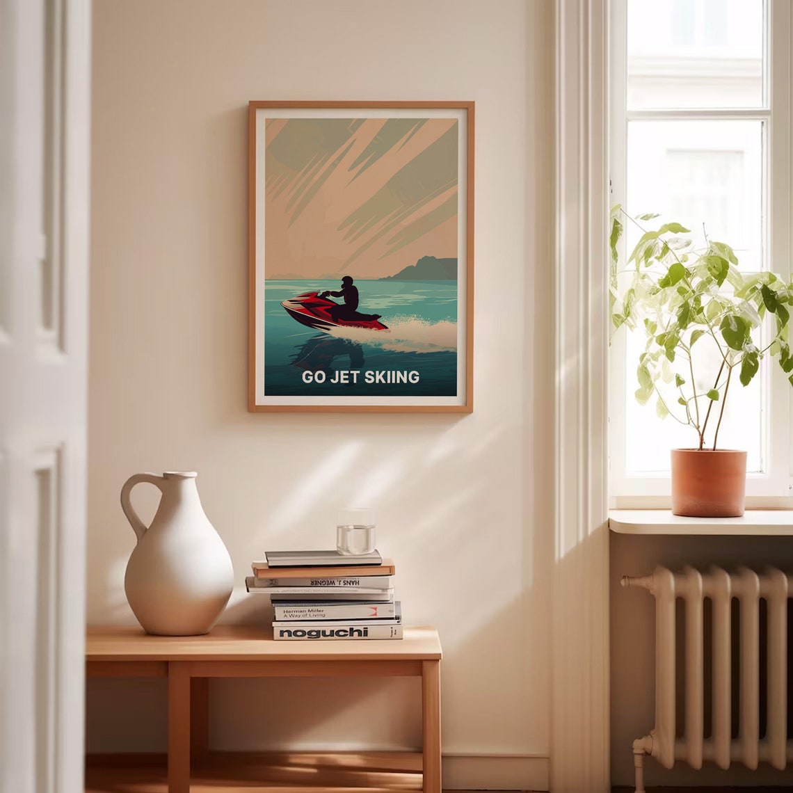 Go Jet Skiing Poster Red Jet Ski Rider Sunset Waves Retro Sport Art - Image 4