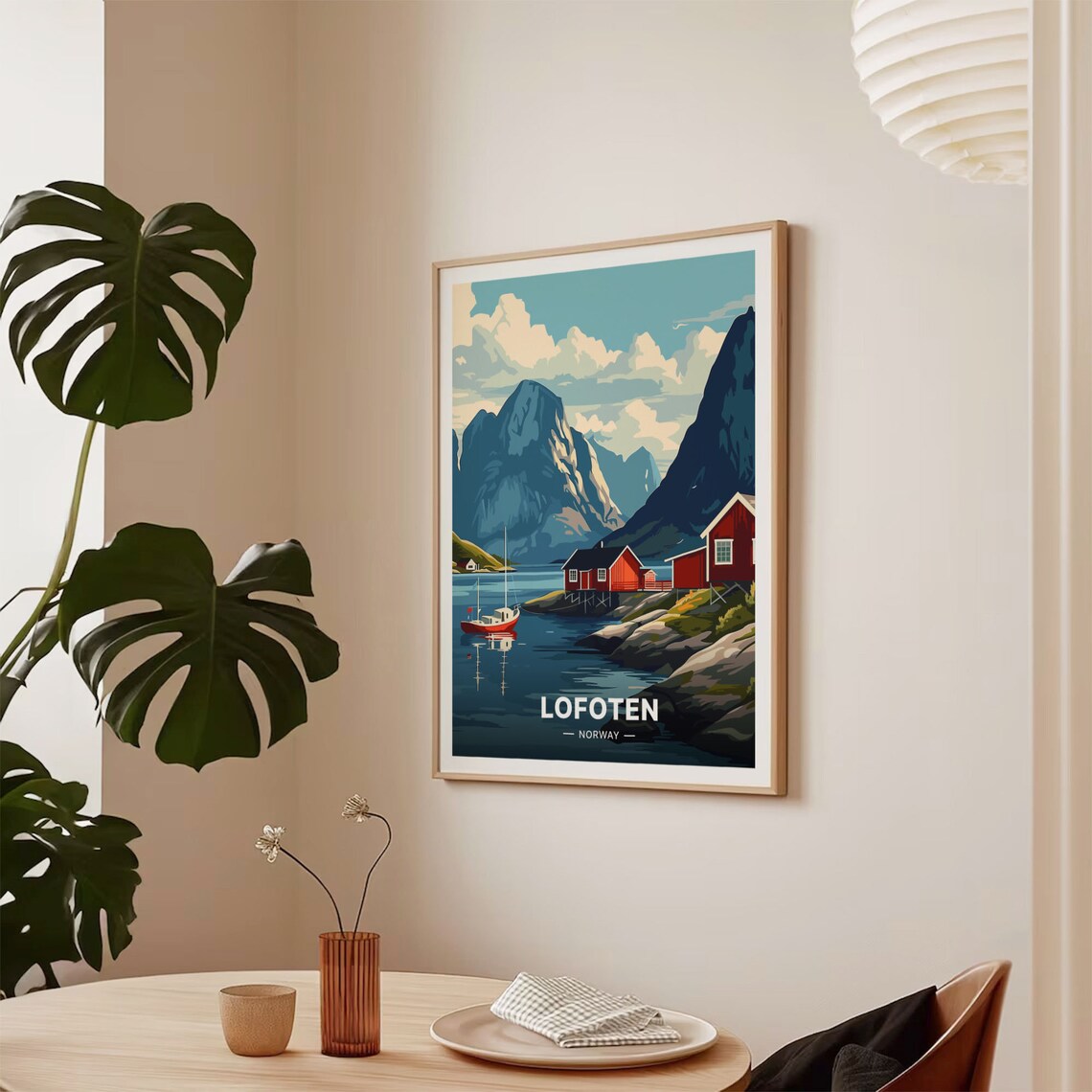 Lofoten Norway Red Cabins Arctic Harbor Scenic Retro Travel Poster - Image 2