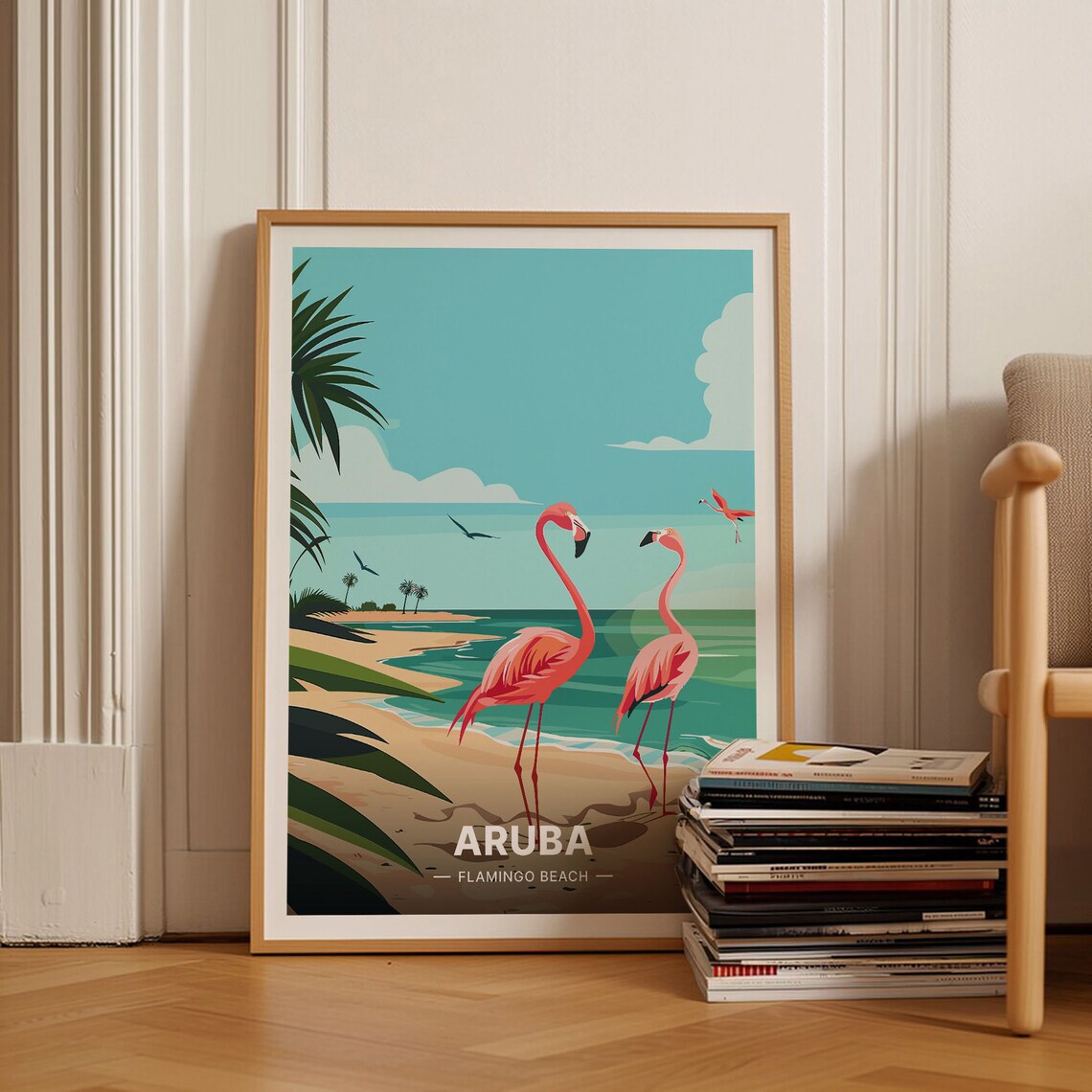 Aruba Flamingo Beach Travel Poster, Tropical Island