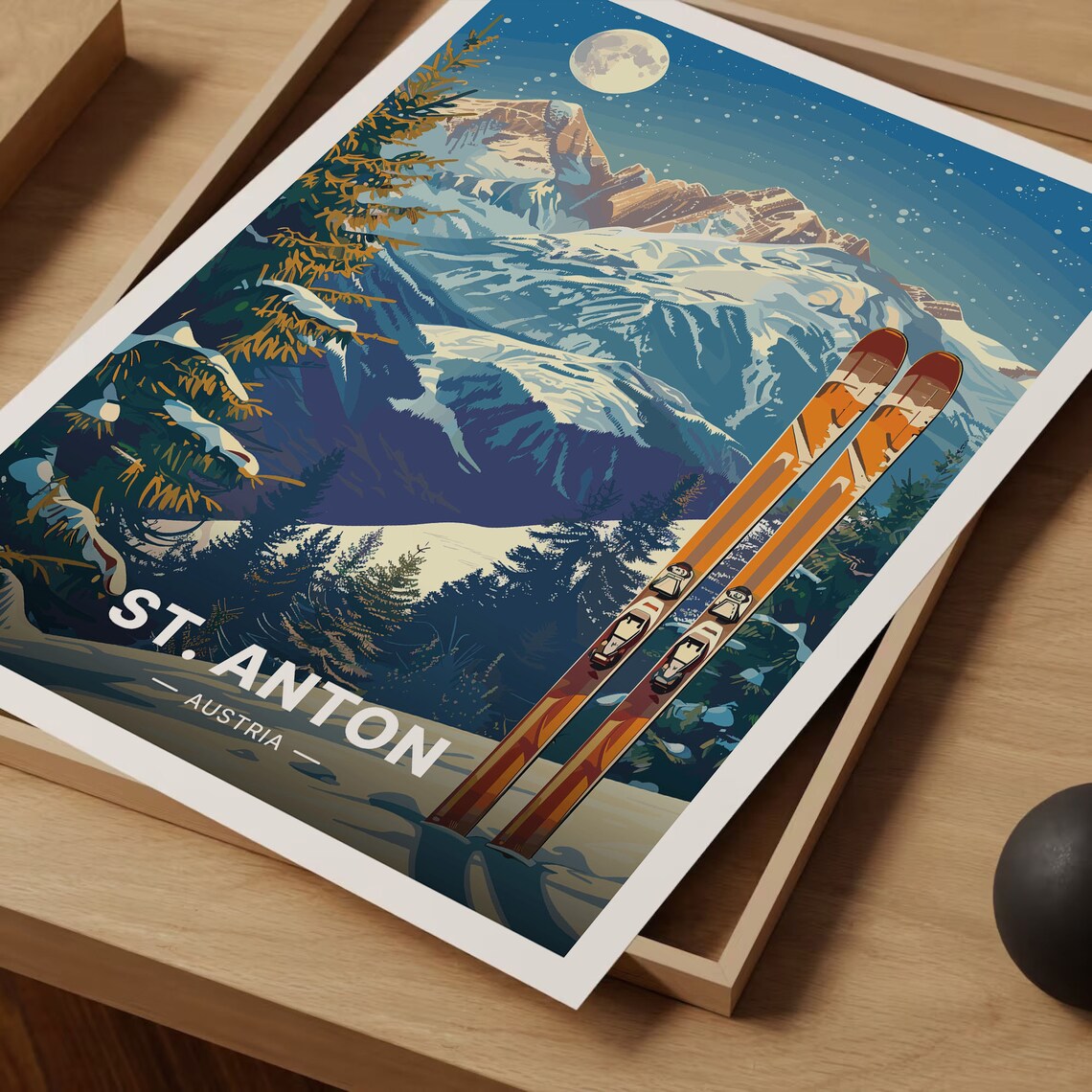 St Anton Austria Ski Resort Vintage Travel Poster Moonlit Mountain Peaks - Image 3