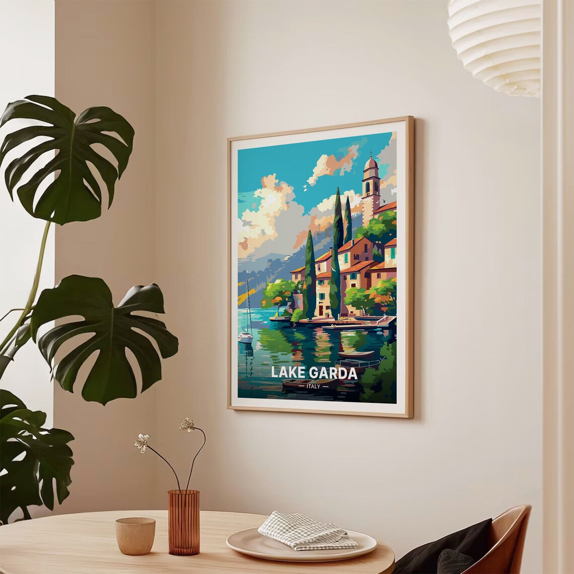 Lake Garda Italy Lakeside Village Church Tower Cypress Travel Poster - Image 2