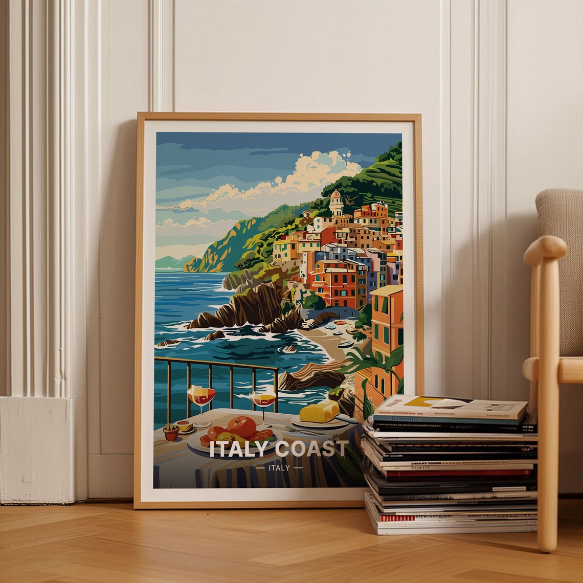 Italy Coast Seaside Village Cliffs Wine Terrace Travel Poster