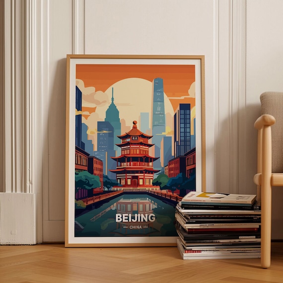 Beijing Pagoda Temple Old City Skyline Sunset Retro Travel Poster