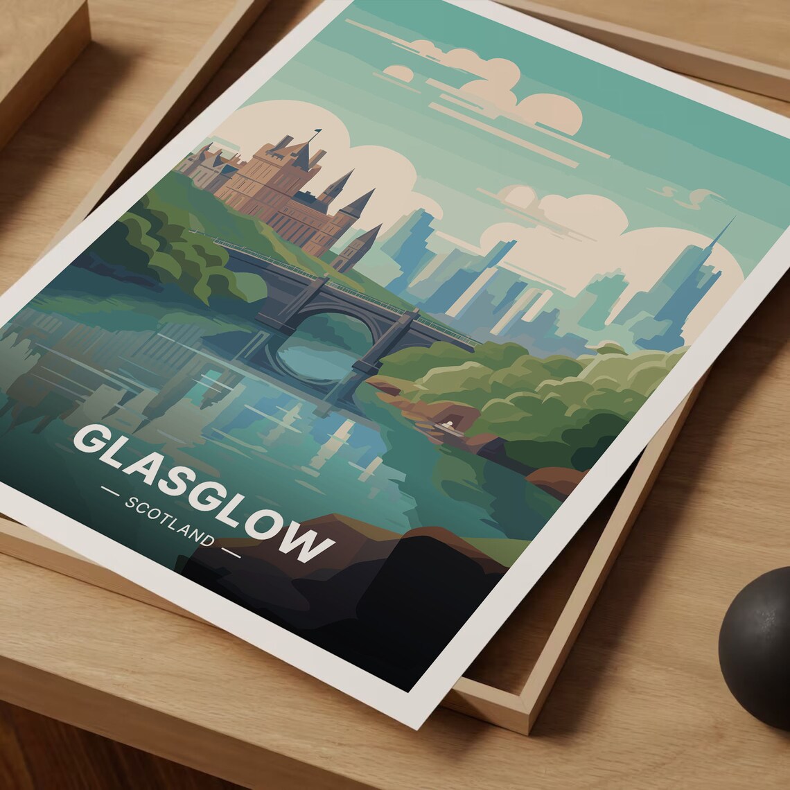 Glasgow Scotland River Reflection Historic Bridge Cityscape Travel Poster - Image 3