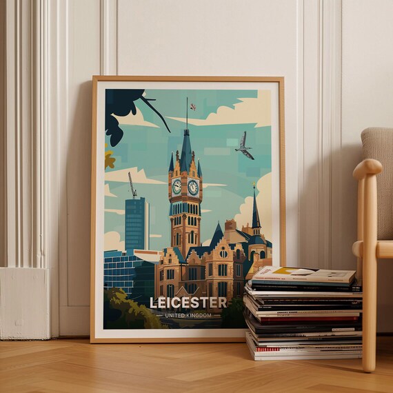 Leicester United Kingdom Travel Poster Clock Tower City Skyline Art