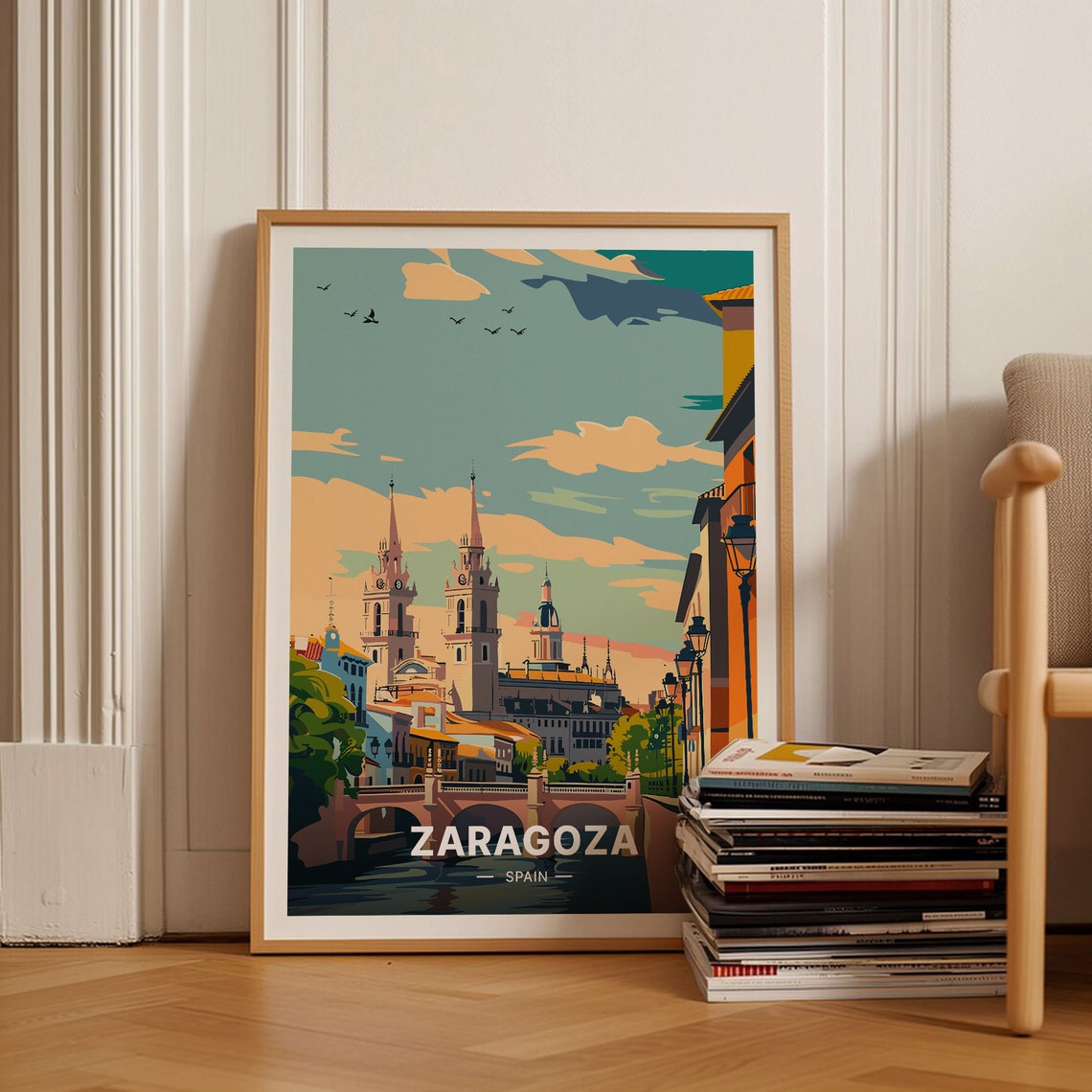 Zaragoza Spain Cathedral Towers Bridge Riverside Travel Poster